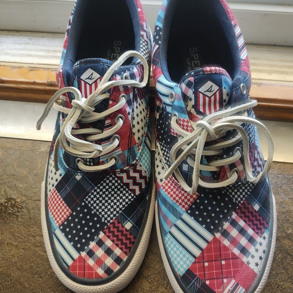 Sperry Top-Sider Men Patchwork Americana Canvas Sneaker Red White Blue Deck Shoe